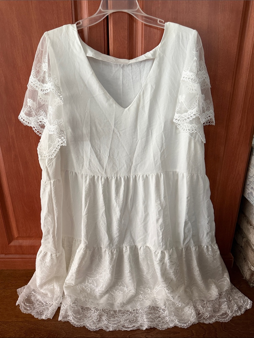 White Lace Tiered V-Neck Women's Dress
